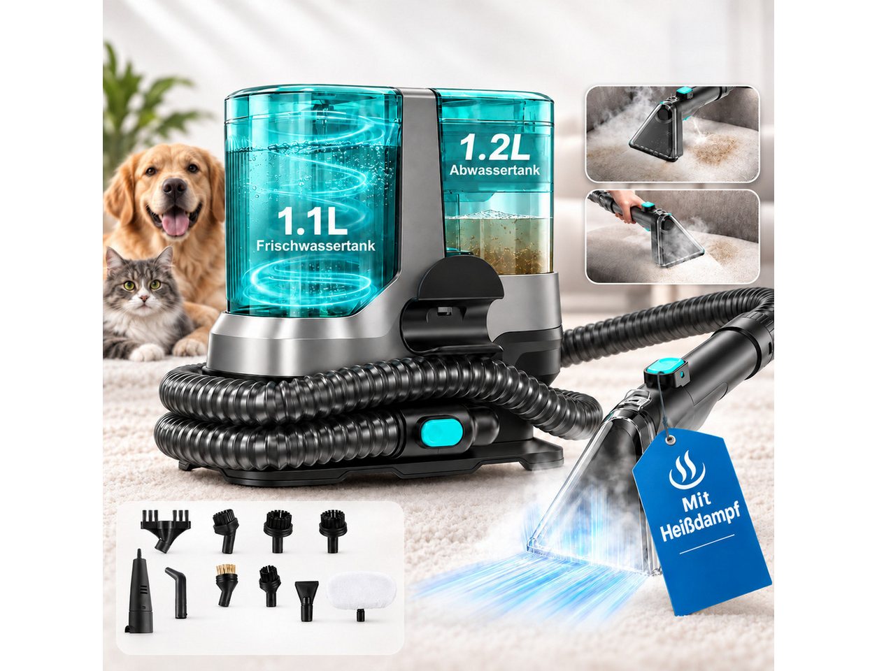 VacniQ Teppichreinigungsgerät Waschsauger Teppichreiniger 25 kPa,Teppich & Auto, mit 2 Wassertanks, 1800 W, beutellos, 4 Reinigungsmodi, Heißdampf, Doppeltank & Selbstreinigung
