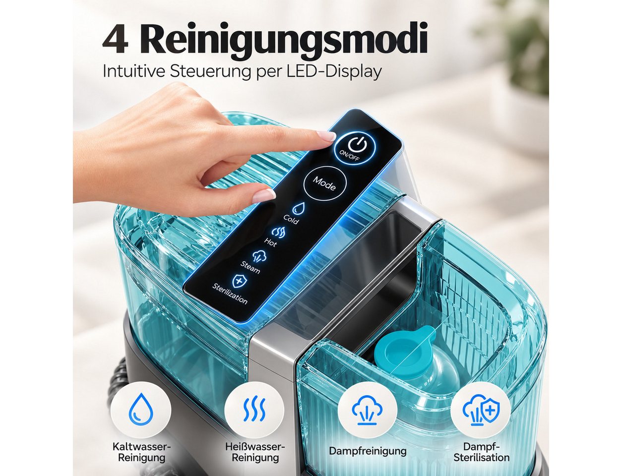 VacniQ Teppichreinigungsgerät Waschsauger Teppichreiniger 25 kPa,Teppich & Auto, mit 2 Wassertanks, 1800 W, beutellos, 4 Reinigungsmodi, Heißdampf, Doppeltank & Selbstreinigung Bild 2