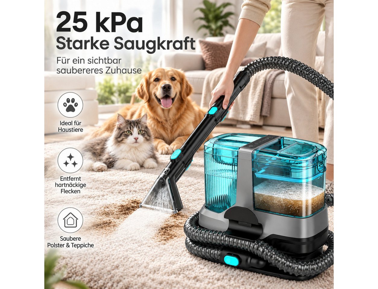 VacniQ Teppichreinigungsgerät Waschsauger Teppichreiniger 25 kPa,Teppich & Auto, mit 2 Wassertanks, 1800 W, beutellos, 4 Reinigungsmodi, Heißdampf, Doppeltank & Selbstreinigung Bild 3