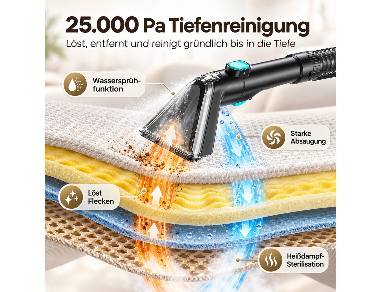 VacniQ Teppichreinigungsgerät Waschsauger Teppichreiniger 25 kPa,Teppich & Auto, mit 2 Wassertanks, 1800 W, beutellos, 4 Reinigungsmodi, Heißdampf, Doppeltank & Selbstreinigung Bild 4