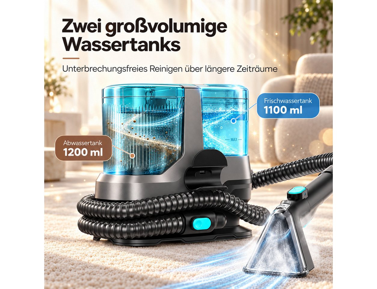 VacniQ Teppichreinigungsgerät Waschsauger Teppichreiniger 25 kPa,Teppich & Auto, mit 2 Wassertanks, 1800 W, beutellos, 4 Reinigungsmodi, Heißdampf, Doppeltank & Selbstreinigung Bild 5