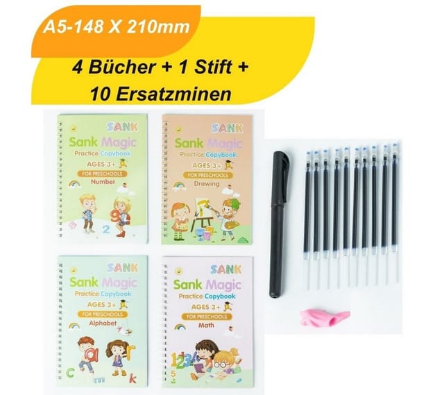 MaajeeKuto Notizbuch 4 MAGISCHE ÜBUNGSHEFTE INKL.10 ERSATZMINEN FÜR KINDER-WIEDERVERWENDBAR, sank magic book