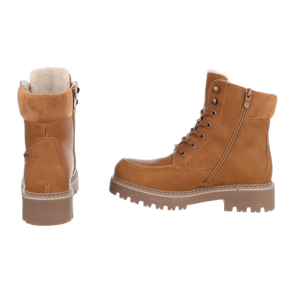Ital-Design Damen Schnürstiefel mit Profilsohle und Reißverschluss Snowboots (92299784) Blockabsatz Plateaustiefeletten in Camel