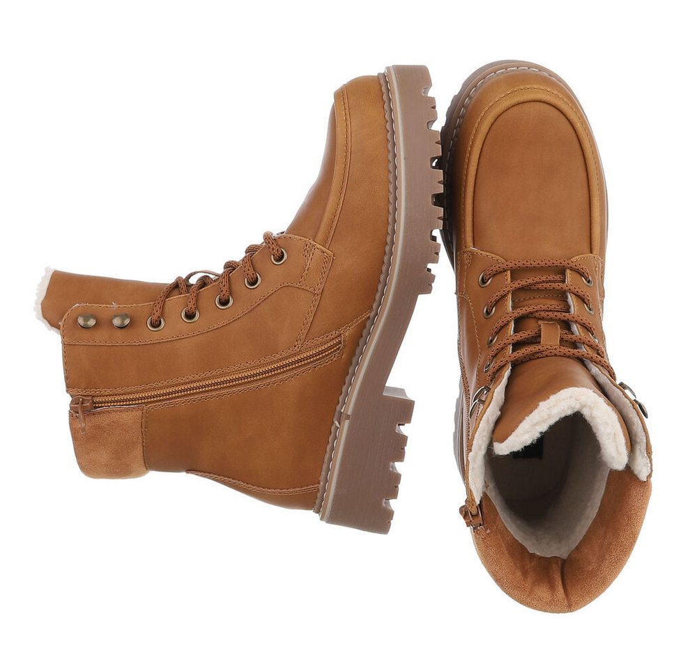 Ital-Design Damen Schnürstiefel mit Profilsohle und Reißverschluss Snowboots (92299784) Blockabsatz Plateaustiefeletten in Camel Bild 2