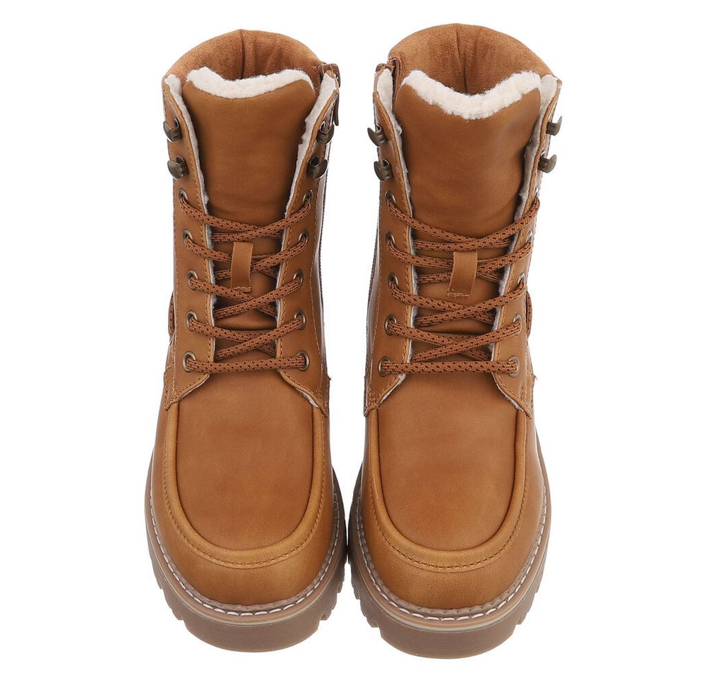 Ital-Design Damen Schnürstiefel mit Profilsohle und Reißverschluss Snowboots (92299784) Blockabsatz Plateaustiefeletten in Camel Bild 4