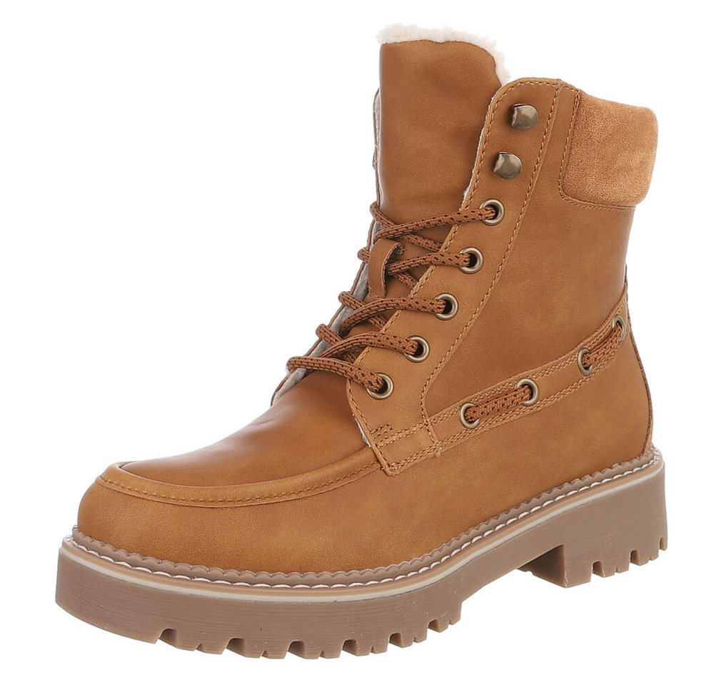 Ital-Design Damen Schnürstiefel mit Profilsohle und Reißverschluss Snowboots (92299784) Blockabsatz Plateaustiefeletten in Camel Bild 5