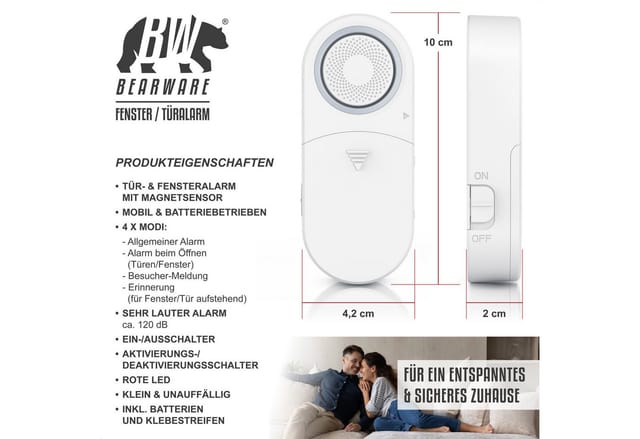 BEARWARE Fensteralarm / Türalarm, 120 dB lauter Signalton, Alarmsensor Fensteröffnungsmelder (für Tür & Fenster, Einbruchschutz, mit Batterien, Alarmanlage)