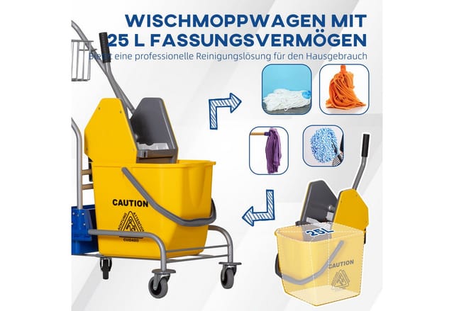 HOMCOM Putzwagen Fahreimer Putzeimer, (Set, 1-St., Reinigungswagen mit Eimer und Korb), 25L Eimer, Auswringvorrichtung, 4 Rollen
