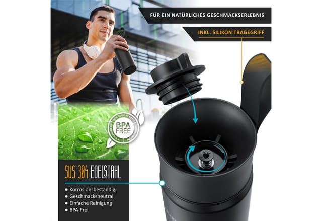 Arendo Thermoflasche auslaufsichere Isolierflasche, Edelstahl Trinkflasche für Unterwegs, hält Stundelang kalt & warm, BPA-frei, geschmacksneutral, 0,5l