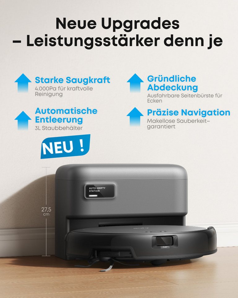 eufy Saugroboter C10 Saugroboter mit Automatischer Absaugstation,Teppichreinigung, 40 W, mit Beutel, 7,3cm Design,Ausfahrbare Seitenbürste für EckenAutomatische Entleerung