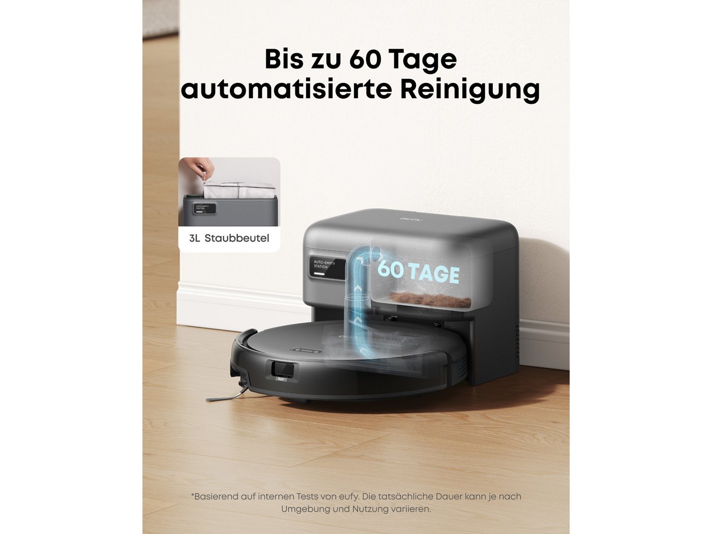 eufy Saugroboter C10 Saugroboter mit Automatischer Absaugstation,Teppichreinigung, 40 W, mit Beutel, 7,3cm Design,Ausfahrbare Seitenbürste für EckenAutomatische Entleerung Bild 2