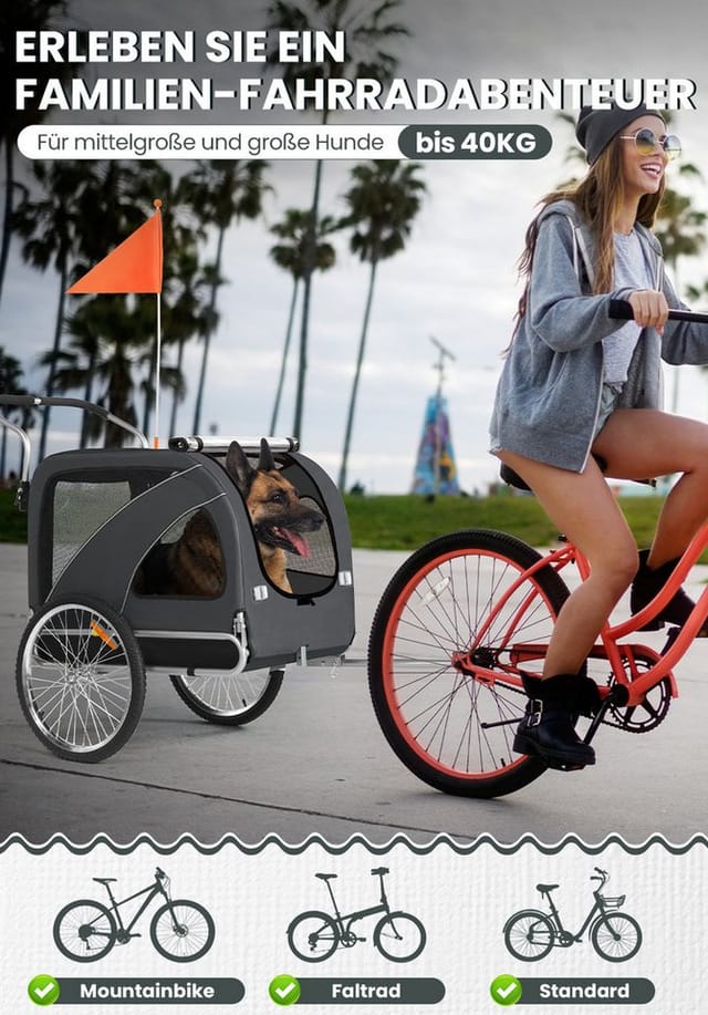 SEPNINE Fahrradhundeanhänger 2 in 1 Faltbarer Anhänger mit Feststellbremse, für M/XL Hunde