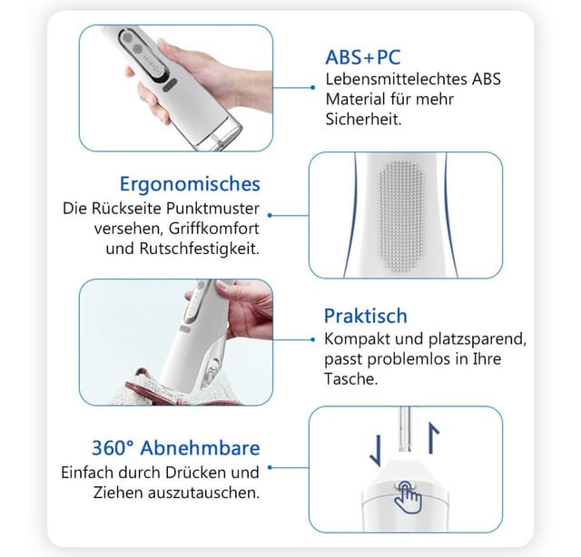 TUWENA Munddusche Leistungsstarke Munddusche Elektrischer Zahnreiniger 4 Modi & 4 Düsen, Wasser Flosser IPX7 Wasserdicht 310ML Abnehmbarer Wassertank