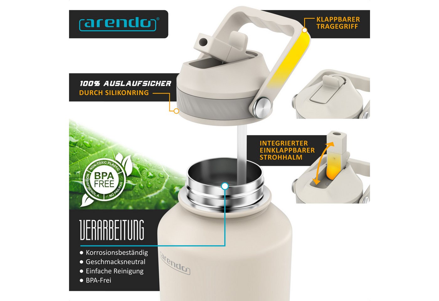 Arendo Thermobecher 1000 ml aus Edelstahl, doppelwandig vakuumisoliert, mit Strohhalm, Klappverschluss und Tragegriff, auslaufsicher