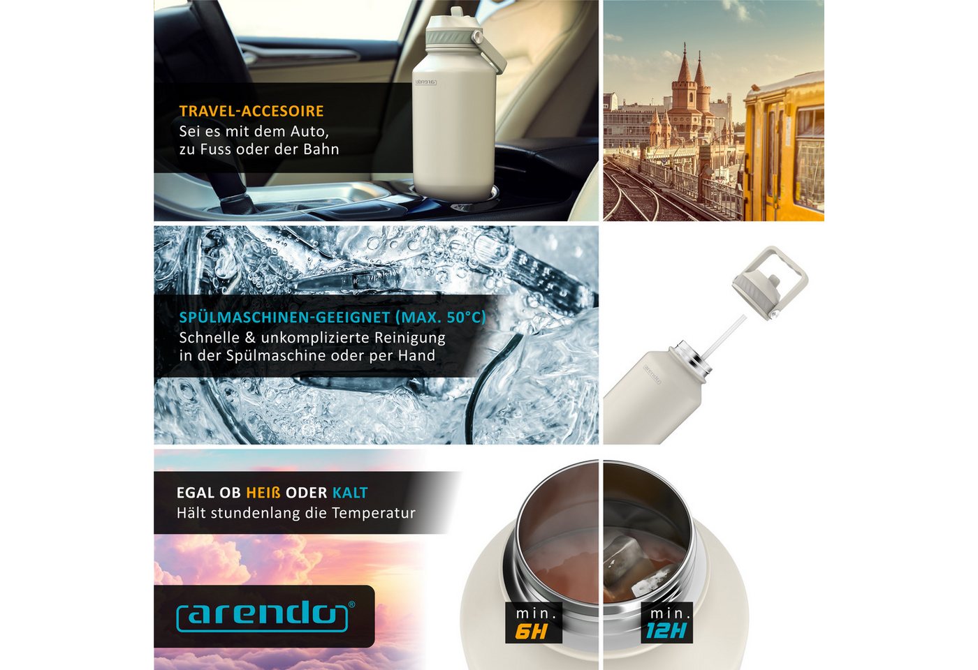 Arendo Thermobecher 1000 ml aus Edelstahl, doppelwandig vakuumisoliert, mit Strohhalm, Klappverschluss und Tragegriff, auslaufsicher Bild 2