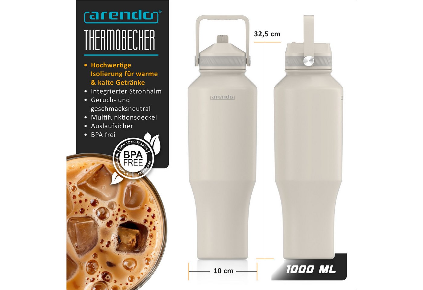 Arendo Thermobecher 1000 ml aus Edelstahl, doppelwandig vakuumisoliert, mit Strohhalm, Klappverschluss und Tragegriff, auslaufsicher Bild 5