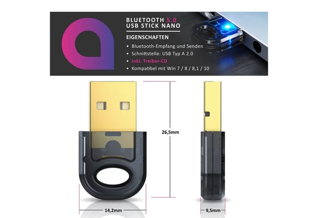 Aplic USB BT 5.0 Stick / Dongle, hohe Reichweite, inkl. Treiber, BT Adapter Bluetooth-Adapter, Bluetooth Empfänger & Sender: PC Laptop Drucker Headset Windows 8.1-11