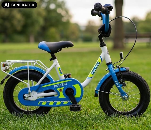 Bachtenkirch Kinderfahrrad 12 Zoll Polizei Fahrrad mit Rücktrittbremse Polizeifahrrad ab 3 Jahre, 1 Gang, Ständer, Klingel, Gepäckträger