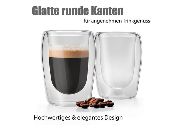 BigDean Espressotasse 4 Stück doppelwandige Espressotassen 80 ml in Gastro-Qualität, 4-tlg., Borosilikatglas, Spülmaschinenfest, Lebensmittelecht