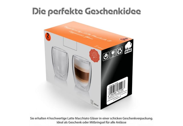BigDean Latte-Macchiato-Glas 4 Stück doppelwandige Latte Macchiato Gläser 300 ml, 4-tlg., Glas, Borosilikat Glas, Spülmaschinen Fest, Lebensmittelecht.
