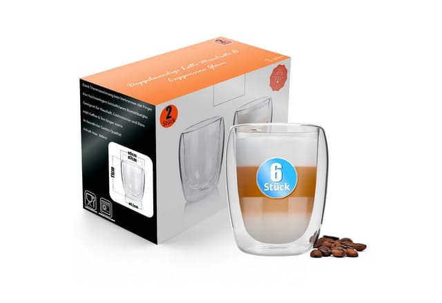 BigDean Latte-Macchiato-Glas 6 Stück doppelwandige Latte Macchiato Gläser 300 ml, 6-tlg., Glas, Borosilikat Glas, Spülmaschinen Fest, Lebensmittelecht.