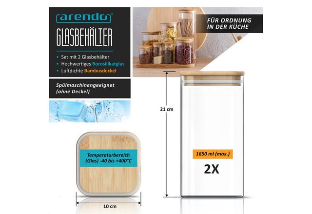 Arendo Aufbewahrungsbecher Glasbehälter 2x 0,8L & 2x1,65L Borosilikatglas Bambusdeckel luftdicht, Borosilikatglas, Bambus, Silikon, (Vorratsbehälter-Set, 4-tlg., 4er Set), Hitzebeständig, umweltfreundlich, langlebig, mikrowellengeeignet