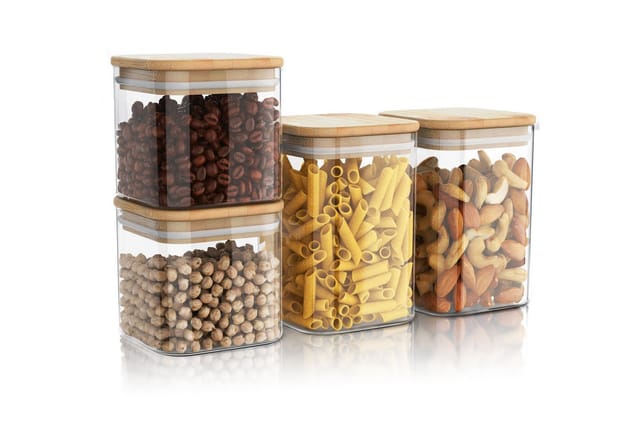Arendo Aufbewahrungsbecher Glasbehälter 2x 0,8L & 2x 1,2L Borosilikatglas, Bambusdeckel luftdicht, Borosilikatglas, Bambus, Silikon, (Vorratsbehälter-Set, 4-tlg., 4er Set), Hitzebeständig, umweltfreundlich, langlebig, mikrowellengeeignet
