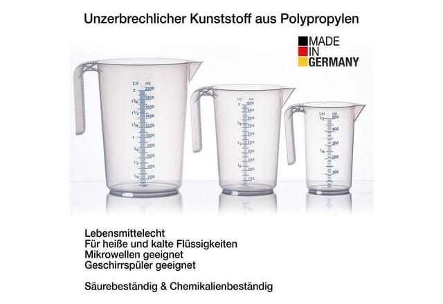 BigDean Messbecher Set - 3 Größen: 500ml, 1L, 2L Skala, hitzebeständig Made in Germany, Kunststoff, (Set, 3-St., Messbecher), Gut ablesbare, feine, blau & weiß geprägte Mess-Skala, Säurebeständig
