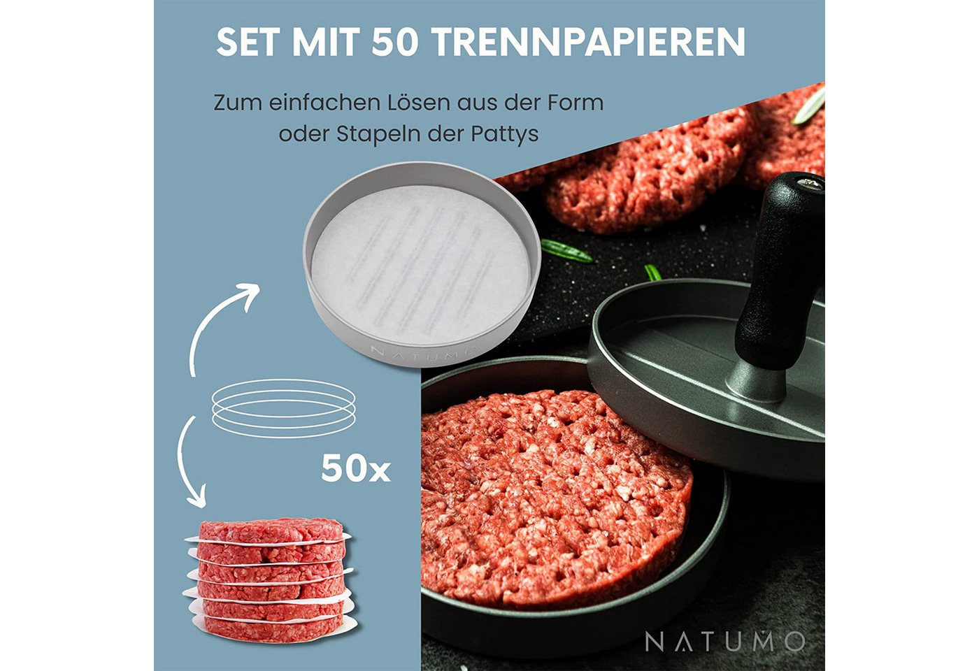 natumo Burgerpresse Burger Presse Silber + Papier, Alu-Guss
