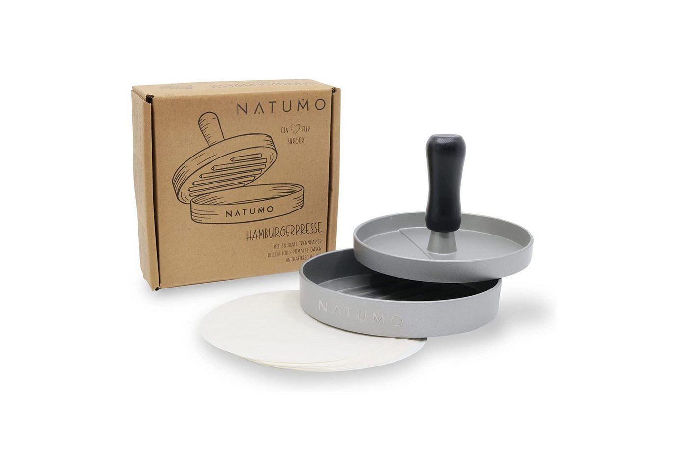 natumo Burgerpresse Burger Presse Silber + Papier, Alu-Guss Bild 2