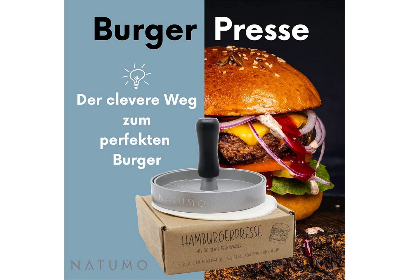 natumo Burgerpresse Burger Presse Silber + Papier, Alu-Guss Bild 3