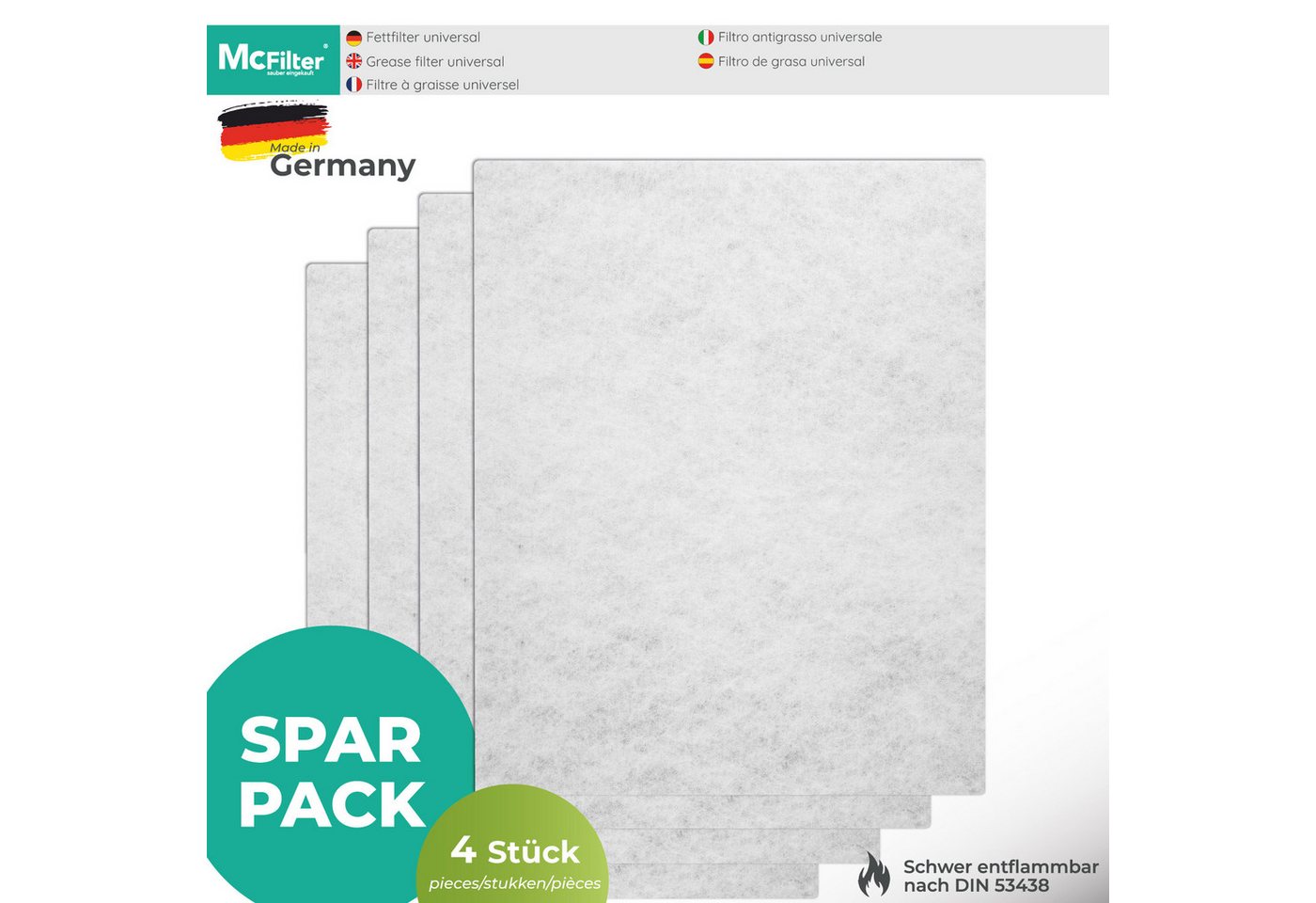McFilter Fettfilter (4 Stück) Universal Dunstfilter Filter 57 x 47cm, Zubehör für alle handelsüblichen Dunstabzugshauben, extra speicherfähig, zuschneidbar, Schwer entflammbar nach DIN 53438 Bild 3