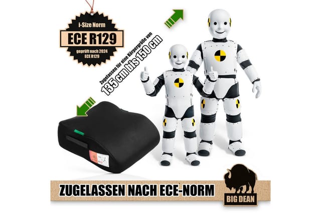 BigDean Kindersitzerhöhung Kindersitzerhöhung nach neuster i-Size Norm R129 Schwarz, ab: 6, bis: 12, ab: 135 cm, bis: 150 cm, (Packung, 1-tlg), 3 Punkt Gurt Befestigung, Polystyrol