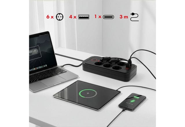 Maclean Steckdosenleiste 6 Steckdosen 2500W 4xUSB Mehrfachsteckdose 6-fach (Ein-/Ausschalter, Kabellänge 3 m), 110-240V AC 50/60Hz, 2,1A max 2500W