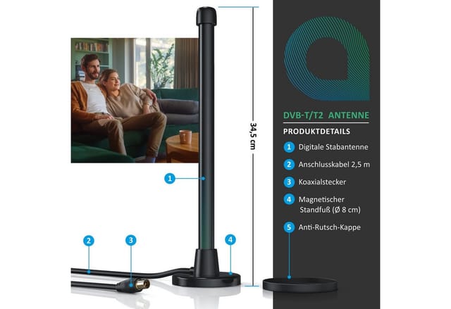 Aplic Stabantenne, DVB-T2 digitale Antenne mit Magnetfuß, 6 dBi, hohe Empfangsleistung