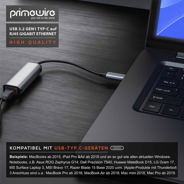 Primewire Netzwerk-Adapter, 15 cm, Netzwerkadapter USB 3.2 Typ C auf RJ45 Buchse LAN Adapter