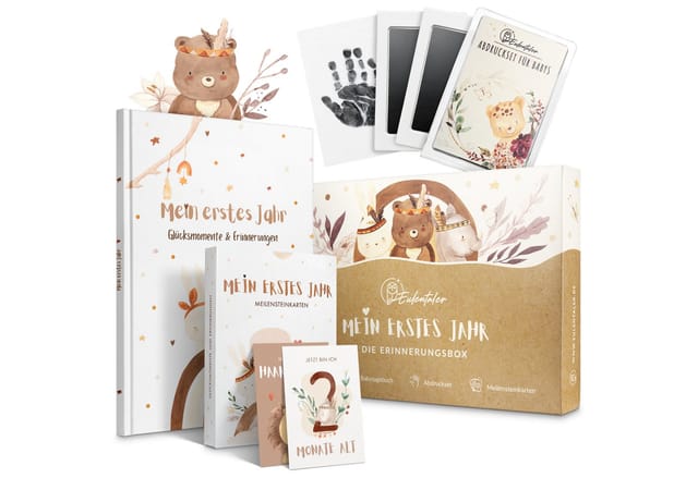 Eulentaler Tagebuch I Die Erinnerungsbox I Mein erstes Jahr I Von Pädagogen gestaltet, Babytagebuch, 48 Meilensteinkarten & Baby Abdruckset