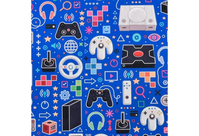 Star Geschenkpapier, Geschenkpapier mit Gaming Motiv 70cm x 2m Rolle Dunkelblau