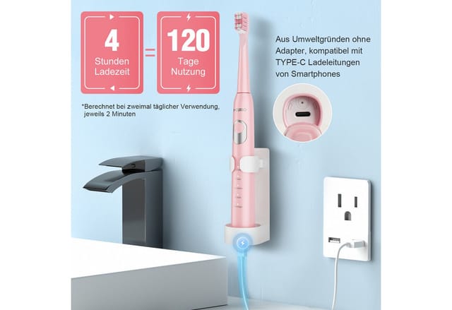 MCURO Elektrische Zahnbürste Schallzahnbürste für Zahnpflege 40000 VPM, 5 Putzmodi, Aufsteckbürsten: 6 St., Reise Zahnbürsten,Timer,TYPE-C aufladbar