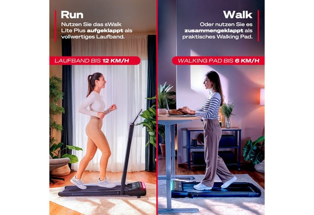 Sportstech Laufband sWalk Lite Plus, 2in1 Walking Pad für zu Hause, Transportrollen, Steigung, 12km/h
