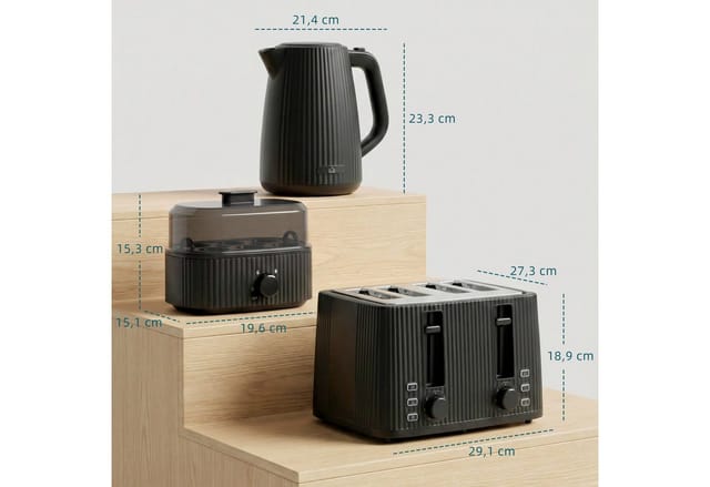 HOMCOM Frühstücks-Set 1,7L 2200W Edelstahl Wasserkocher 4 Scheiben Toaster Eierkocher (3-tlg), Eierkocher mit Kontrollleuchte, Signalton-Timer für 1-6 Eier