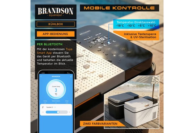 Brandson Elektrische Kühlbox Kompressor Kühlbox, bis – 20°C, ECO Modus, 30 L, für Auto & Haus, 30 l, APP-Steuerung, UV-Sterilisation, Batterieschutz, 12 V, 24 V, 230 V