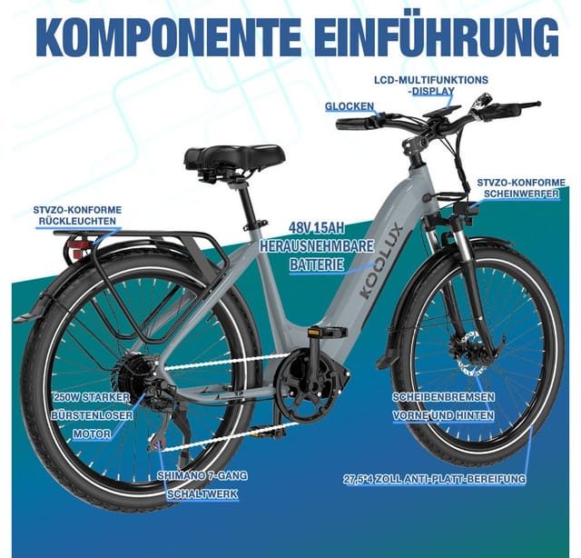 KOOLUX E-Bike Elektrofahrrad für Damen/Herren Reichweite 65-90 km elektro-cityrad, Heckmotor, 720 Wh, 27,5" Elektrofahrrad 7-Gang Shimano 48V15AH Herausnehmbare Batterie