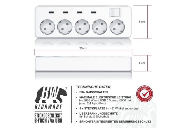 BEARWARE 5-Fach Steckdosenleiste mit 4 x USB Ladeports, 1,5m Kabel weiß Steckdosenleiste 5-fach (Ein- / Ausschalter, USB-Anschlüsse, Kindersicherung, Schutzkontaktstecker, Überspannungsschutz, Kabellänge 1,50 m), Typ F Mehrfachsteckdose, 5 Schuko-Steckdosen, mit Berührungsschutz
