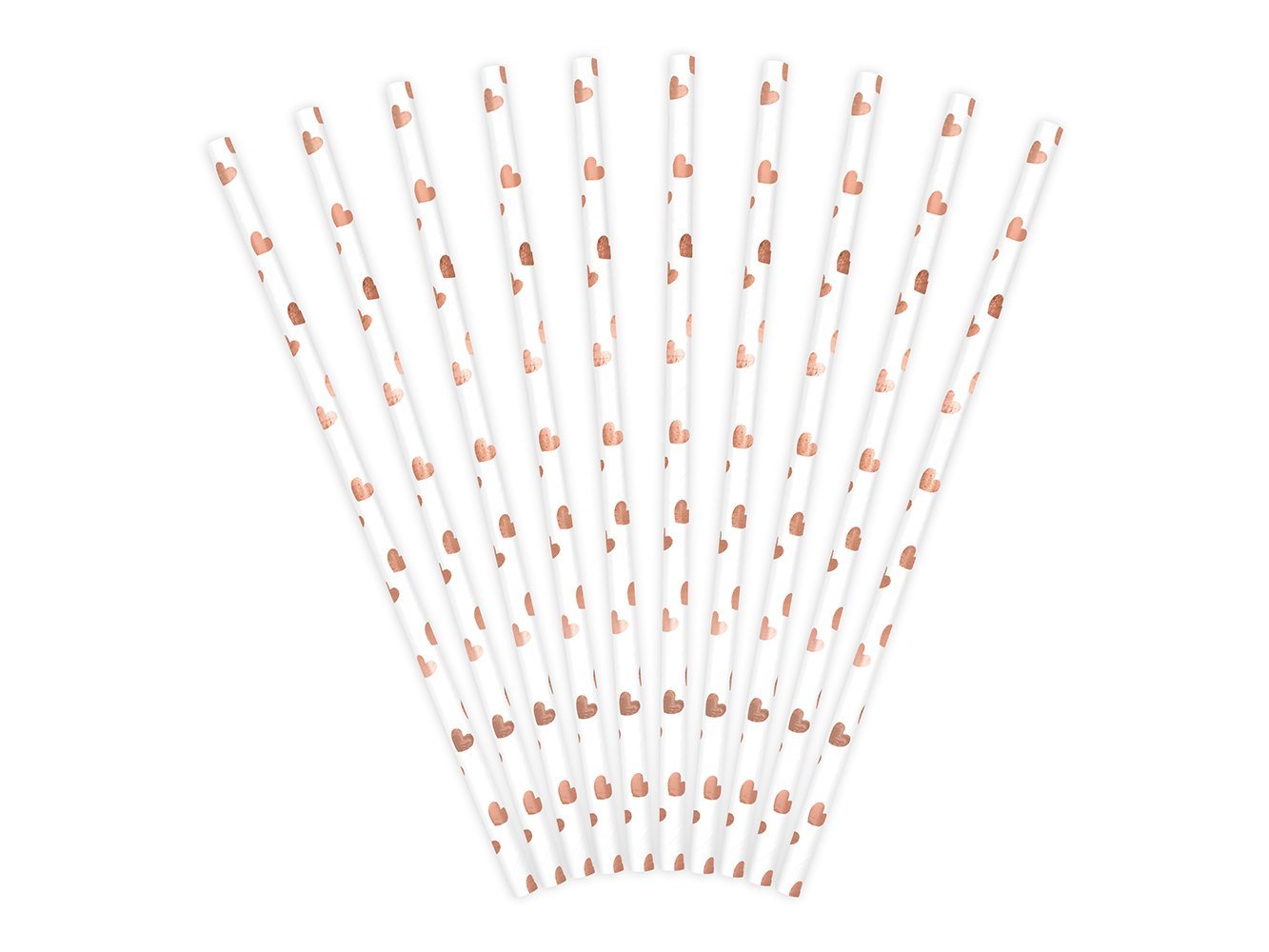 partydeco Trinkhalme, Papierstrohhalme mit Herzen 19cm weiß roségold 10er Set