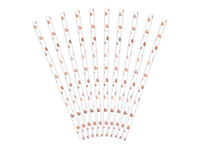 partydeco Trinkhalme, Papierstrohhalme mit Herzen 19cm weiß roségold 10er Set