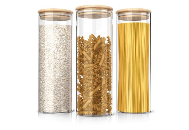 Arendo Aufbewahrungsbecher Glasbehälter-Set 2,1L aus Borosilikatglas mit Bambusdeckel & luftdicht, Borosilikatglas, Bambus, Silikon, (Vorratsbehälter-Set, 3-tlg., 3er Set), Hitzebeständig, umweltfreundlich, langlebig, mikrowellengeeignet