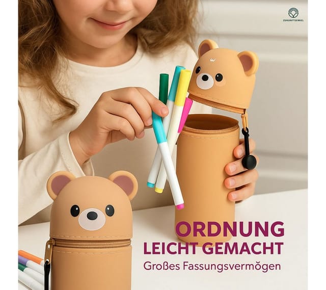 ZUKUNFTSENKEL Federmäppchen Etui Silikon Kinder Mäppchen, (Stiftebox für Schule Büro & Kindergarten, (Pinguin, Panda, Dino, Bär, Katze, Biene), Ausziehbares Federmäppchen mit Tier Design