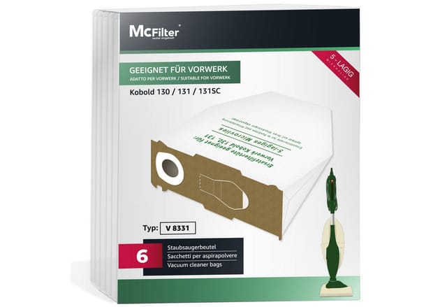 McFilter Staubsaugerbeutel Alternative zu Swirl V64 V 64, passend für Vorwerk Kobold VK 130, VK 131 SC, 6 St., mehrlagig, Pappdeckscheibe, inkl. Staubverschluss