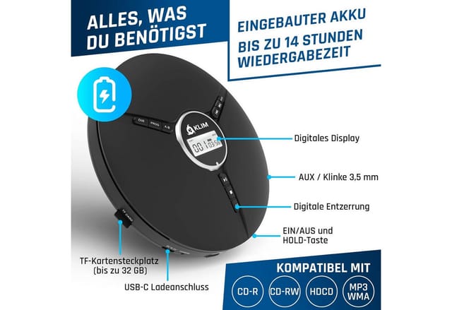 KLIM tragbarer Discman mit Kopfhörer Stereo-CD Player (hochwertiger CD-Spieler für unverwechselbares Hörerlebnis, MP3)
